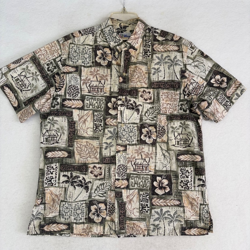 Reyn Spooner Hawaiian Shirt Men XL Reverse Print Tiki Patchwork Hut Marlin